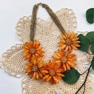 Chunky Orange 5 Flower Lucite Bead Gold Tone Chain Statement Choker Necklace